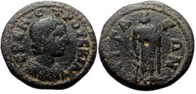 Aeolis, Aegae AE (Bronze, 9.30g, 21mm) Herennia Etruscilla (249-251)
Obv: ΕΡΕΝ ΕΤΡΟΥΣΚΙΛΑ, bust right
Rev: ΑΙΓΑΕΩΝ, Asclepios standing, facing holding...