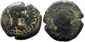 Unreaserched Roman Provincial AE coin (Bronze, 8.49g, 21mm) with one countermark
Obv: Laureate bust right, countermark: "Club flanked with unreaserche...