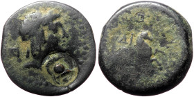 Unreaserched Roman Provincial AE coin (Bronze, 4.19g, 18mm), with countermark
Obv: Head right, countermark "Macedonian helmet right within oval incuse...