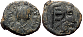 Justin I, AE, Pentanummium (Bronze, 1.84 g. 13 mm.) Antioch. 518-527 AD.
Obv: DN IVS[TINVS PP AV], pearl diademed, draped, cuirassed bust right. 
Rev:...