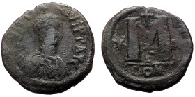 Justin I and Justinian I (527) AE Follis (Bronze, 17.39g, 32mm) Constantinople.
Obv: D N IVSTIN ET IVSTINIAN P P AV, Diademed, draped and cuirassed bu...