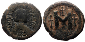 Justinian I (527-565) AE Follis (Bronze, 15.37g, 31mm) Constantinople, 527-539 
Obv: D N IVSTINI - ANVS PP AVG Diademed bust r., cross in field before...