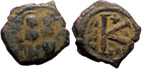 Justin II with Sophia (565-578) AE Half Follis (Bronze, 5.78g, 20mm) Thessalonica 
Obv: D N IVSTINVS P P AVG, Justin and Sophia seated on double thron...