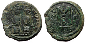 Justin II and Sophia (565-578) AE Follis (Bronze, 15.18g, 29mm) Nikomedia
Obv: D N IVSTI-NVS P P, Justin and Sophia, both nimbate, enthroned facing, J...