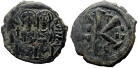 Justin II and Sophia, AE, Half Follis. (Bronze, 5.77 g. 22 mm.) Uncertain mint. 565-578 AD.
Obv: [DN IVSTI]NVS PP [AVG], Justin II and Sophia nimbate ...