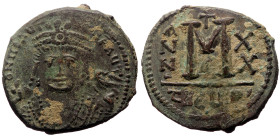 Maurice Tiberius (582-602) AE Follis (Bronze, 10.52g, 28mm). Antioch Dated year 20 (601/2 AD). 
Obv: DN MAVΓI CN P AUT, Crowned facing bust in consula...