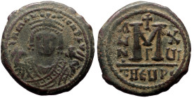 Maurice Tiberius, AE, Follis, (Bronze, 12.12 g. 27 mm.) Theoupolis (Antioch) 582-602 AD.
Obv: D N mAЧΓI CN P AЧT, Bust facing, wearing crown with tref...