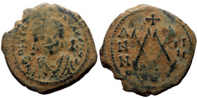 Maurice Tiberius (582-602) AE Half Follis (Bronze, 6.35g, 24mm) Theoupolis (Antioch) 
Obv: Blundered legend], bust facing, wearing crown with trefoil ...