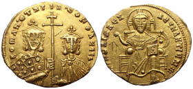Constantine VII with Romanus I and Christopher, AV, Solidus (Gold, 4.47 g. 21 mm) Constantinople. 913-959 AD.
Obv: [+IhS] XPS REX REGNANTIUM, Christ n...