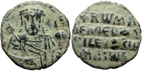 Constantine VII Porphyrogenitus, with Romanus I (913-959) AE Follis (Bronze, 25mm, 4.78g) Constantinople, 931-944. 
Obv: + RωmAҺ bASILЄVS Rωm', Crowne...