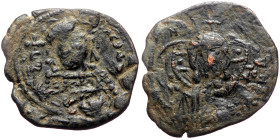 Constantine X Ducas (1059-1067) AE Follis (Bronze, 5.21g, 27mm) Constantinople. 
Obv: +EMMA NOVHA, IC-XC across fields, bust of Christ facing, wearing...