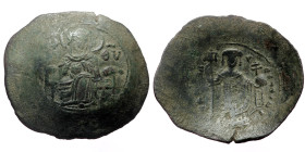 Manuel I Comnenus (1143-1180) AE Aspron trachy (Bronze, 3.81g, 31mm) 1160-1164 
Obv: The Virgin, nimbate , wearing tunic and maphorion, seated facing ...