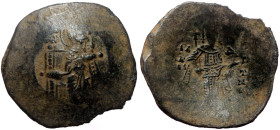 Isaac II Angelus, Trachy (Bronze, 4.29 g. 27 mm.) Constantinople. 1185-1195 AD.
Obv: The Virgin Mary seated facing on throne, holding bust of Holy Inf...