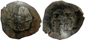Theodore I, Aspron Trachy (Bronze, 4.04 g. 29 mm.) Nicaea. 1208-1222 AD.
Obv: MHP ΘV to left and right of Mary, nimbate, seated facing, holding before...