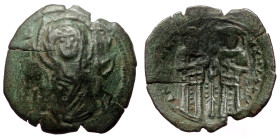 AE Trachy (Bronze, 3.53g, 23mm) Michael IX (1295-1320) 
Obv: Bust of the Virgin facing, nimbate and orans. 
Rev: Two Emperors standing facing, holding...