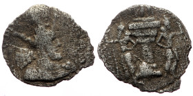 *Scarce* Sasanian Empire, Shapur II (309-379 AD) AR Hemiobol (Silver, 0.37g, 11mm)
Obv: Bust of king wearing four-merlon crown
Rev: Fire-altar with ...