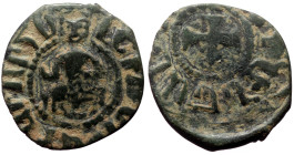 Armenia. Levon IV, AE, Pogh. (Bronze, 2.79 g. 19 mm.) Sis. 1320-1341 AD.
Obv: [ԼԵԻՈՆ ԹԱԳ[ԱՈՐ Հ]ԱՅԻՈՑ] (Levon king of the Armenians), king seated on a ...