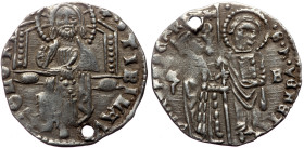 Antonio Venier. AR, Grosso. (Silver, 1.52g, 20mm) Italy, Venice. 1382-1400 AD.
Obv: S M VENETI ANTO VENERIO / DVX, St. Mark hands the banner to the do...