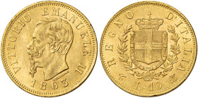 CASA SAVOIA.  

Da 10 lire 1863 Torino. Pagani 477. Friedberg 15.
Spl / q.Fdc