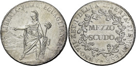 PIEMONTE. Torino.  

Repubblica Piemontese, 10 dicembre 1798 - 26 maggio 1799. Mezzo scudo anno VII, AR 17,58 g. Pagani 1. MIR 1006.
Raro. Spl