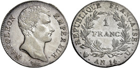PIEMONTE. Torino.  

Franco an 14 (1805), AR. Pagani 45. Le Franc 201/38. Gadoury 443.
Estremamente raro. Spl

Ex asta Montenapoleone 6, 1986, 564.