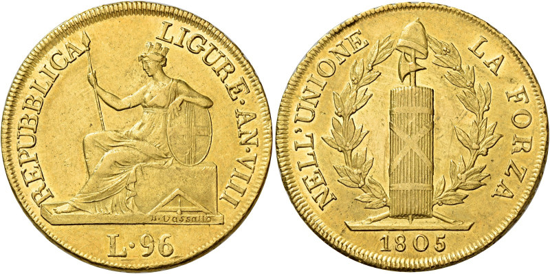 LIGURIA. Genova.  

Da 96 lire anno VIII/1805, AV. Pagani 5. MIR 375/5. Lunardi ...