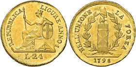 LIGURIA. Genova.  

Da 24 lire anno I/1798, AV 6,32 g. REPUBBLICA - LIGURE• ANNO•1 Figura muliebre turrita seduta a s., sulla base del basamento, H....