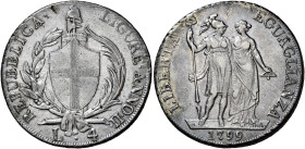 LIGURIA. Genova.  

Da 4 lire anno I/1799, AR 16,61 g. Pagani 14. Lunardi 476. MIR 380/1.
Buon BB