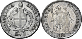 LIGURIA. Genova.  

Lira anno I/1798, AR 4,16 g. Pagani 18. Lunardi 378. MIR 382.
Molto rara. Spl