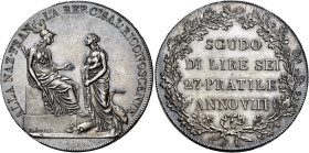 LOMBARDIA. Milano.  

Repubblica Cisalpina, secondo periodo dal 14 giugno 1800 al 26 gennaio 1802. Scudo nuovo da 6 lire anno VIII (1800), AR. Pagan...