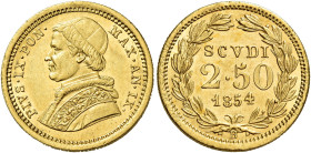 EMILIA. Stato Pontificio Bologna.  

Pio IX. “II periodo: 1848-1870”. Da 2,50 scudi romani anno IX/1854, AV. Pagani 262. MIR 3135/5. Friedberg 274.
Ra...
