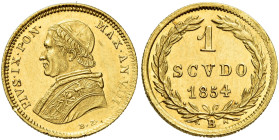 EMILIA. Stato Pontificio Bologna.  

Scudo romano anno VIII/1854, AV. Pagani 269. MIR 3136/4. Friedberg 276.
Rarissimo. Eccedenza di metallo al rv., a...