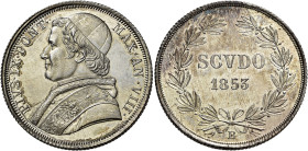 EMILIA. Stato Pontificio Bologna.  

Scudo romano anno VIII/1853, AR. Pagani 271. Davenport 192. MIR 3137/5.
Molto raro. Fdc

NGC UNC Details Obv...