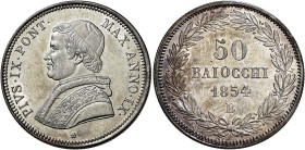 EMILIA. Stato Pontificio Bologna.  

Da 50 baiocchi anno IX/1854, AR. Pagani 274. MIR 3138/5.
Raro. Minimo segno sul bordo al dr., altrimenti q.Fdc...