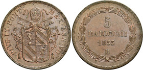 EMILIA. Stato Pontificio Bologna.  

Da 5 baiocchi anno VII/1853, Cu. Pagani 302. MIR 3143/16.
Migliore di Spl