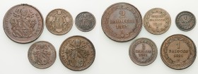 EMILIA. Stato Pontificio Bologna.  

Lotto di cinque monete. Da 2 baiocchi anno IV/1851, baiocco anno V/1851, ½ baiocco anno III/1849, ½ baiocco ann...