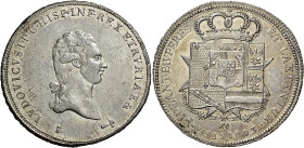 TOSCANA. Firenze.  

Scudo da 10 paoli o francescone 1803, AR. LVDOVICVS I D G HISP INF REX ETRVRIAE & Testa a d., in basso [LS] (Luigi Sires incisore...