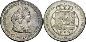 TOSCANA. Firenze.  

Dena da 10 lire fiorentine 1806, cifra finale della data 6 corretta da 5, AR. Pagani 26c.
Molto rara. Fdc

NGC MS63 6638156-...