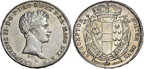 TOSCANA. Firenze.  

Due fiorini o ½ francescone 1828, AR. Testa giovanile a d. Rv. Stemma coronato attorno il Collare su quattro bandiere decussate. ...