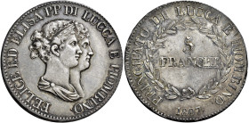 TOSCANA. Lucca.  

Da 5 franchi 1807, AR. Busti grandi. Pagani 253.
q.Spl