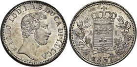TOSCANA. Lucca.  

Ducato di Lucca. Carlo Ludovico di Borbone, 13 marzo 1824 – 4 ottobre 1847. Da 2 lire 1837, AR. Pagani 261.
Raro. q.Fdc

Figlio di ...