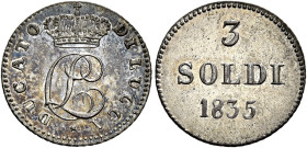 TOSCANA. Lucca.  

Da 3 soldi 1835, Mist. Pagani 269.
Estremamente raro. Eccellente conservazione, q.Fdc

NGC MS63 6638154-001

Ex asta Ponte, ...