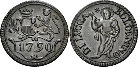 TOSCANA. Lucca.  

Bolognino da 2 soldi 1790 (1835), Cu. 3,34 g. Pagani 270.
Raro. BB

Giacenti in zecca una considerevole quantità di bolognini frust...