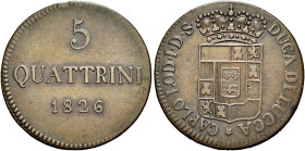 TOSCANA. Lucca.  

Da 5 quattrini 1826, Cu. Pagani 272.
Molto raro. Buon BB