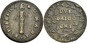 MARCHE. Ancona.  

Repubblica Romana, 28 febbraio 1798 – 10 novembre 1799. Da 2 baiocchi, Cu. 17,12 g. Fascio con scure a d. e A nel campo a s. Rv. DV...
