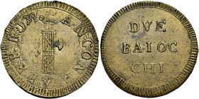 MARCHE. Ancona.  

Da 2 baiocchi, Cu. 18,59 g. REP ROM ANCONA Fascio largo con scure a d. Rv. DVE BAIOC / CHI. Pagani 4b. Bruni 1. MIR 2881/5.
Raro. S...