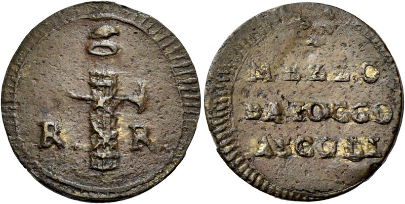 MARCHE. Ascoli.  

Mezzo baiocco, Cu. 4,66 g. Fascio con scure a d. Rv. DVE BAIO...