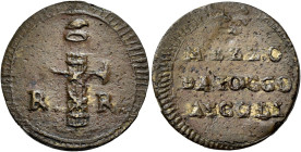 MARCHE. Ascoli.  

Mezzo baiocco, Cu. 4,66 g. Fascio con scure a d. Rv. DVE BAIOC / CHI tra rami di quercia. Pagani 21. Bruni 19. MIR 2895/1.
Rarissim...