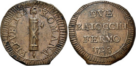 MARCHE. Fermo.  

Repubblica Romana, 28 febbraio 1798 – 10 novembre 1799. Da 2 baiocchi 1798, Cu. 13,80 g. Fascio con scure a d. Rv. DVE/ BAIOCCHI/ FE...