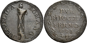 MARCHE. Fermo.  

Da 2 baiocchi 1798, Cu. 15,70 g. Fascio con scure a d. Rv. DVE/ BAIOCCHI/ FERMO/ 1798 in corona di lauro. Pagani 32. Bruni 13. MIR 2...